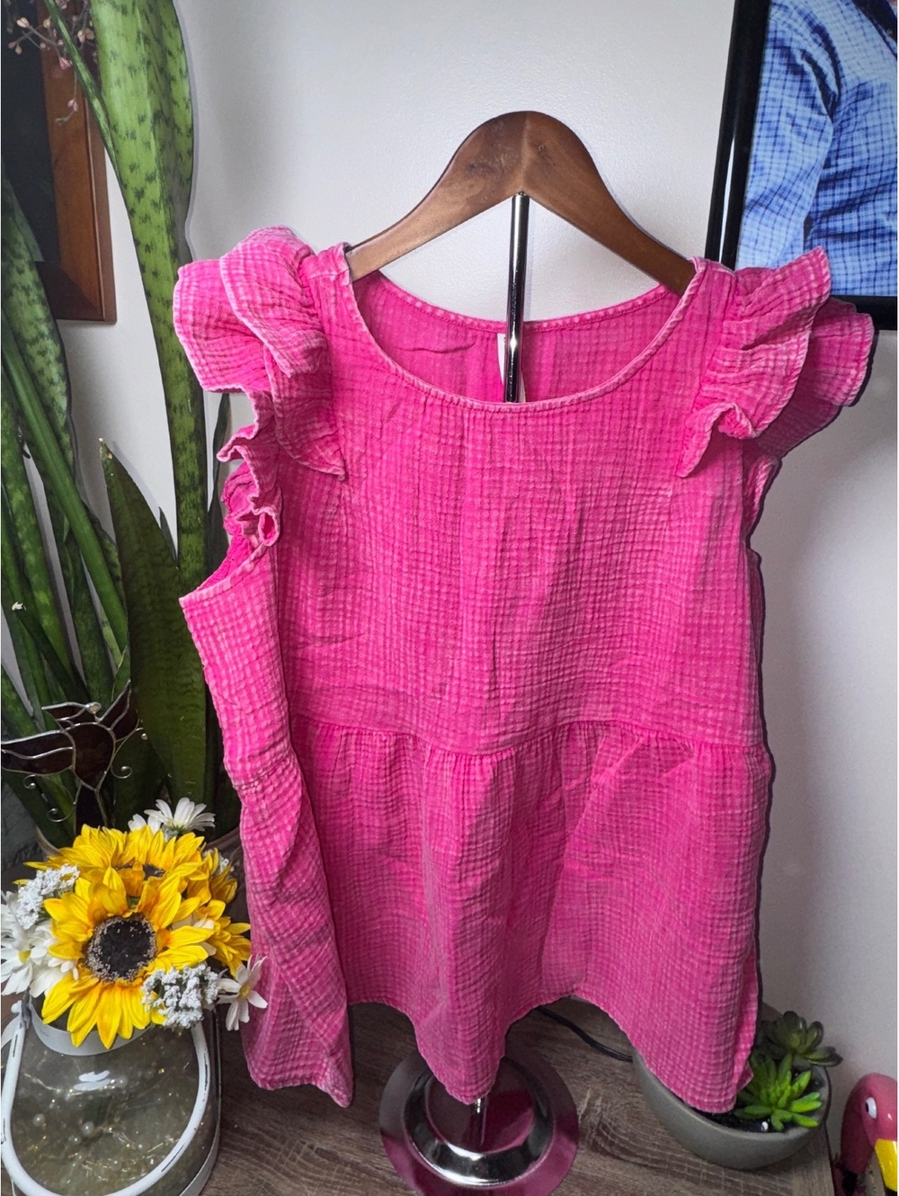Zenana Gauze Acid Wash Ruffle Sleeve Top in Fuchsia